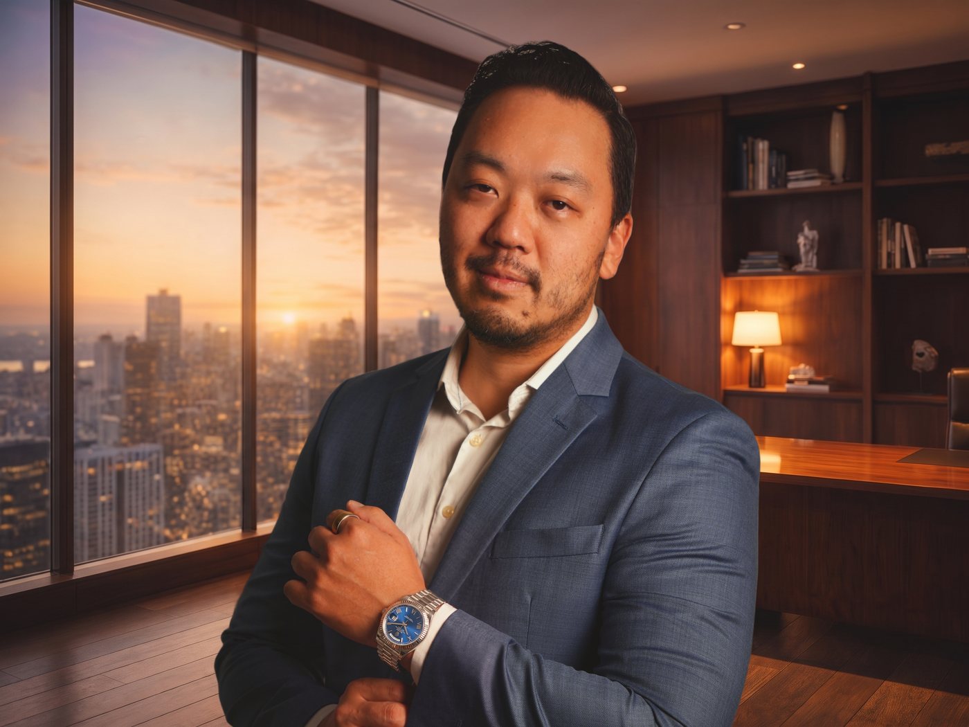 Daniel Katumata, fundador e CEO da ADSx Consulting, de terno azul em seu escritório ao pôr do sol, ajustando o relógio