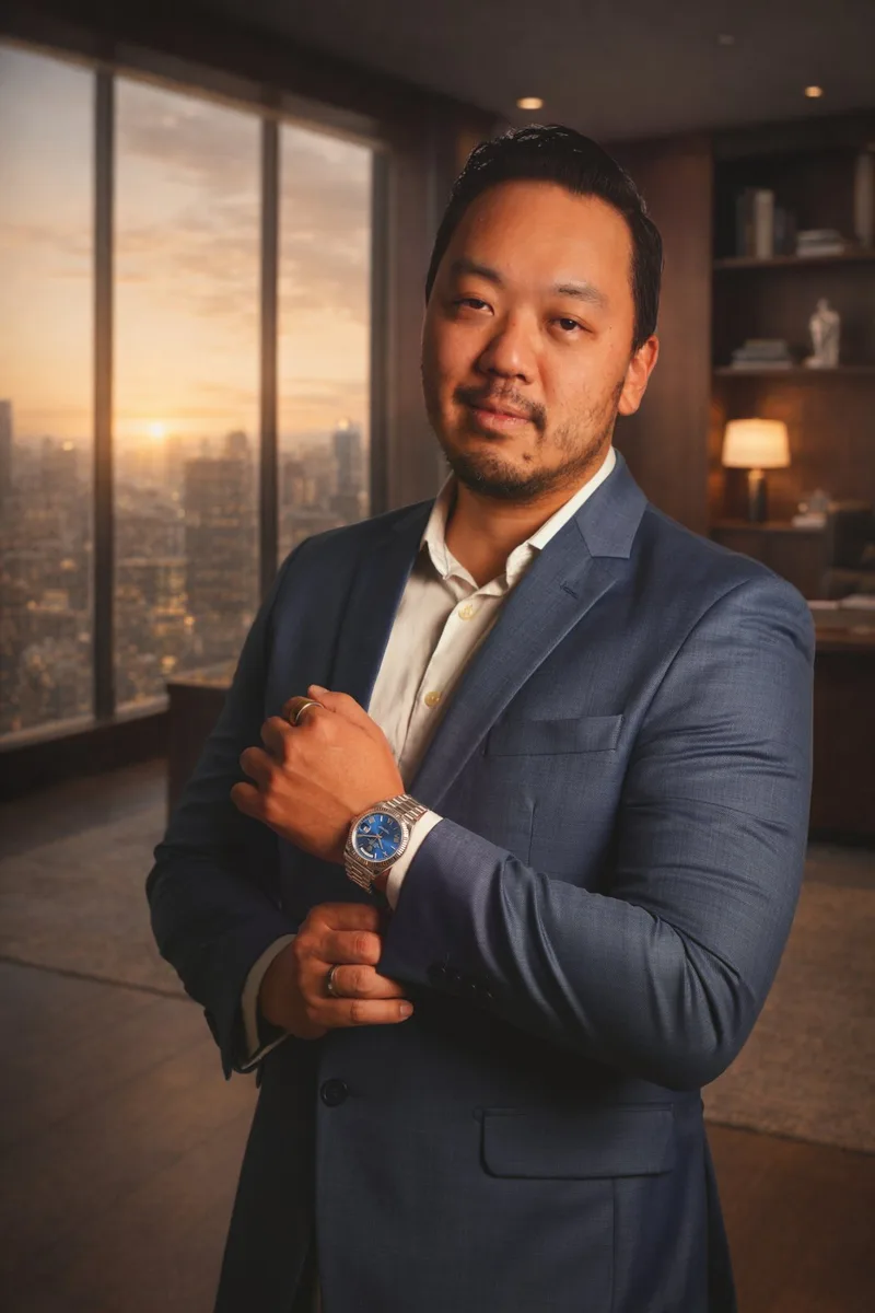 Daniel Katumata, fundador e CEO da ADSx Consulting, de terno azul em seu escritório