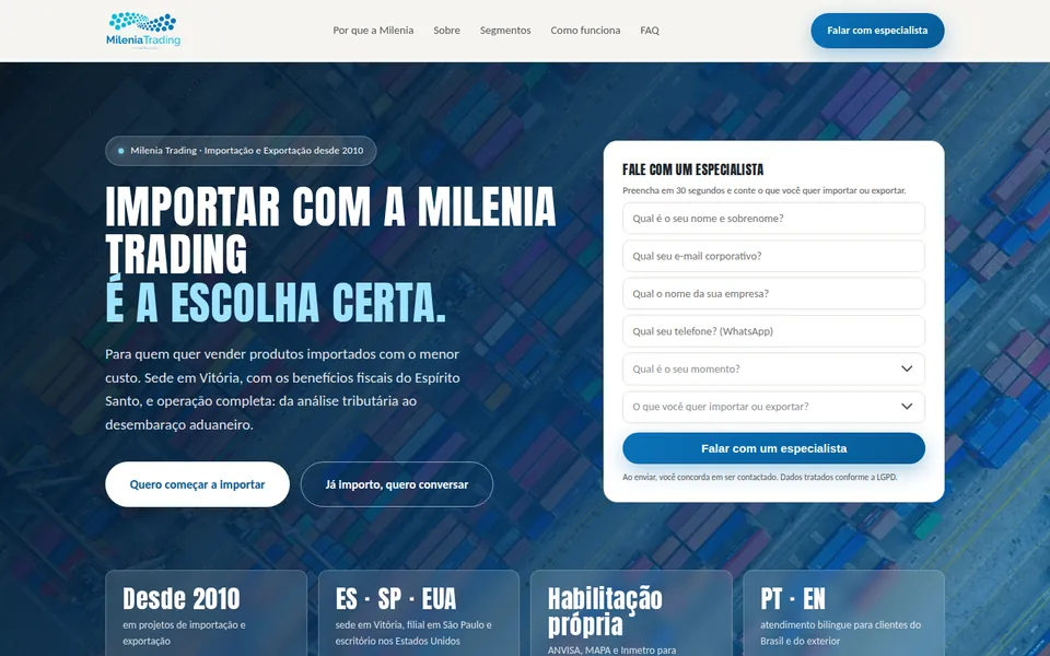 Landing page de Importação