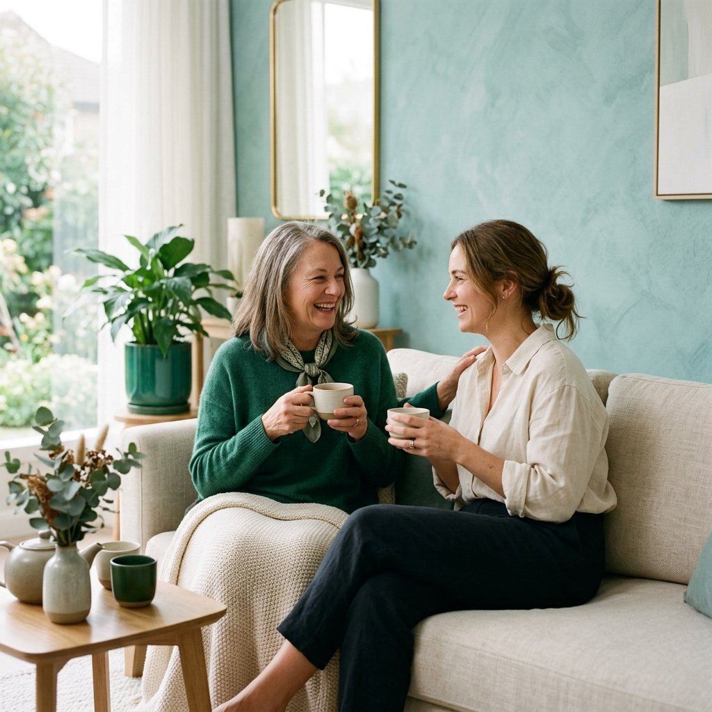 Duas mulheres de gerações diferentes conversando e sorrindo no sofá