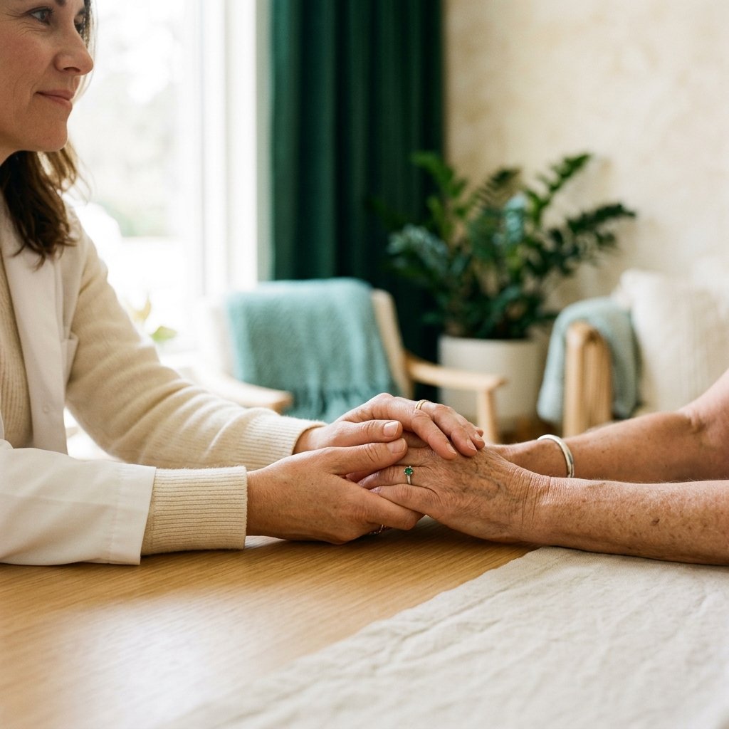Mãos de médica acolhendo as mãos de uma paciente sobre a mesa