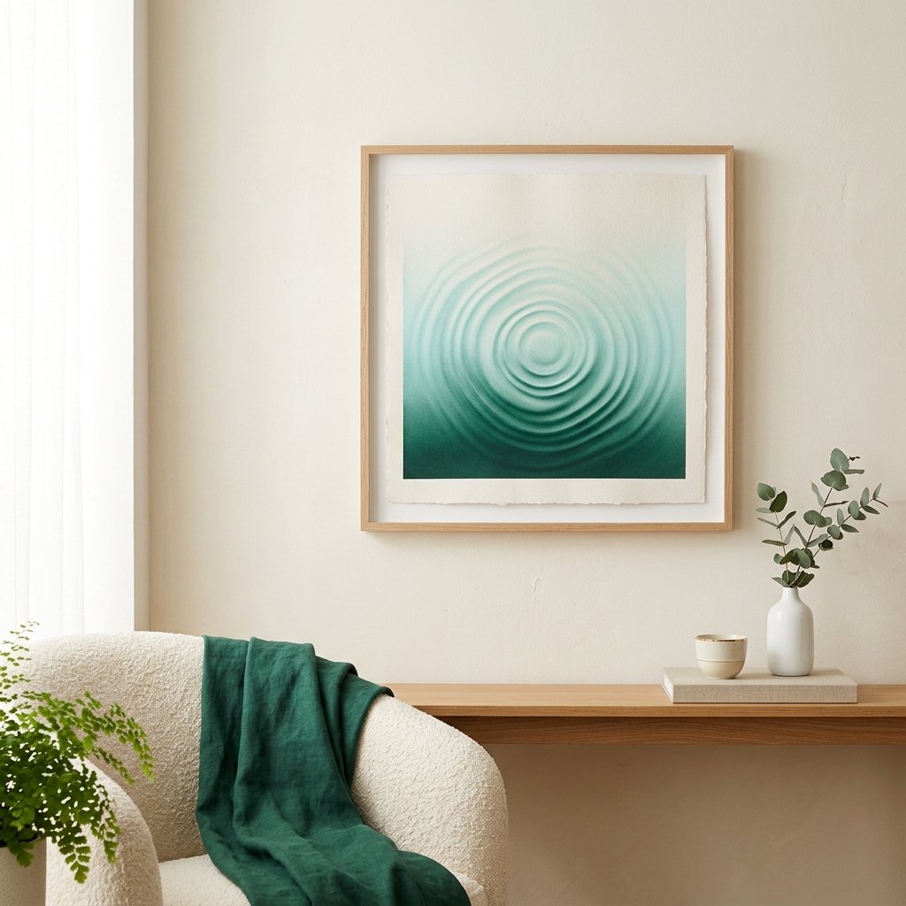 Quadro com arte de ondas concêntricas em tons de verde, lembrando ondas de ultrassom