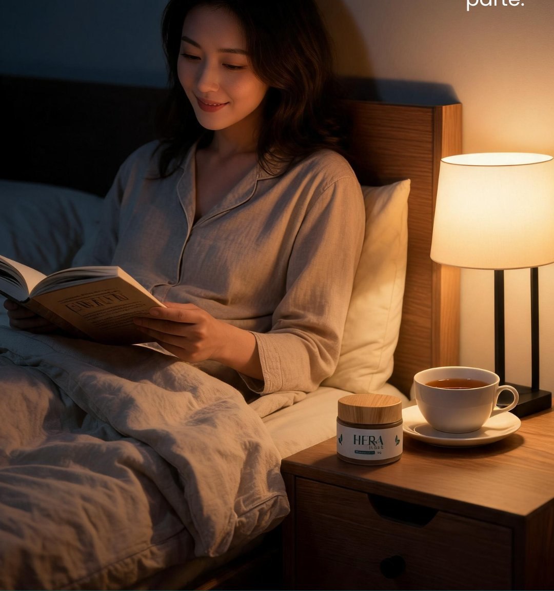 Mulher lendo na cama à noite, com o pote Hera Vibes na mesa de cabeceira