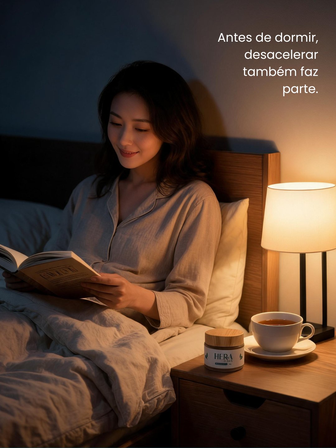 Mulher lendo na cama à noite, com o pote do bálsamo na mesa de cabeceira