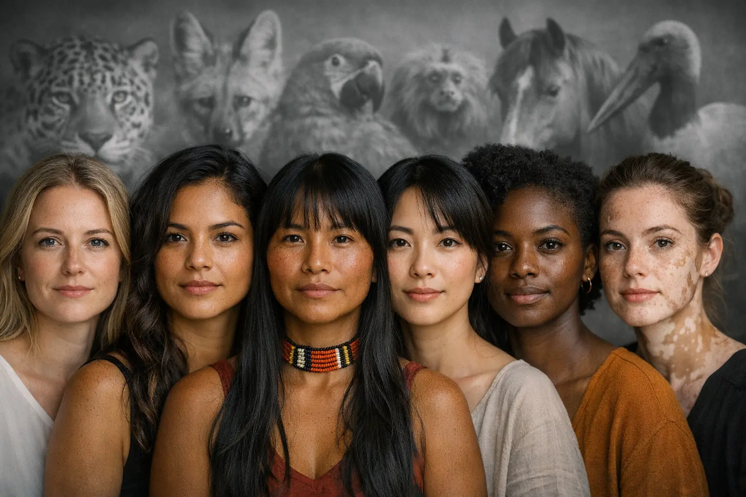 Mulheres brasileiras de diferentes regiões, com a fauna dos biomas ao fundo